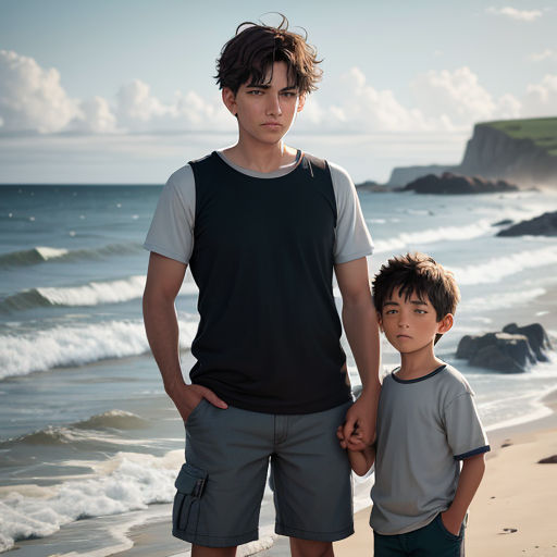 a man and a boy standing on a beach next to the ocean with waves crashing in the background and a cliff in the distance