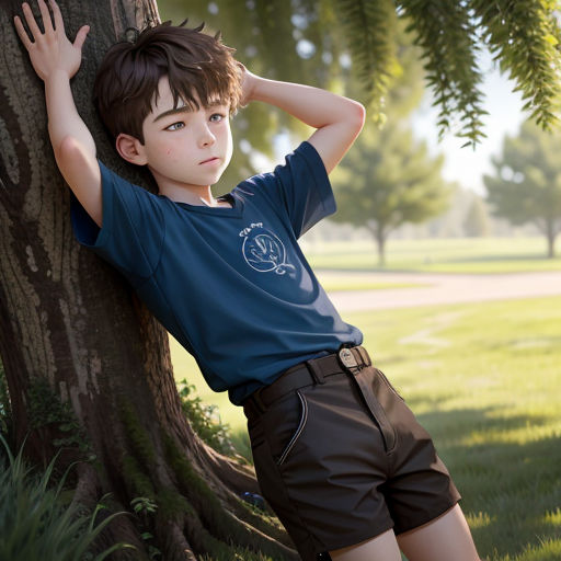 a boy leaning against a tree in a park wearing a blue shirt and brown shorts with his hands on his head