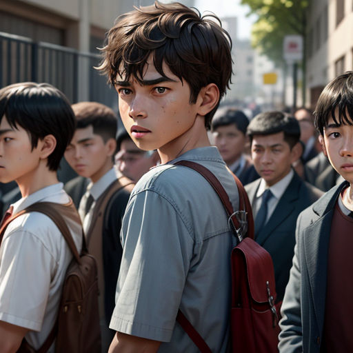 a group of young men standing next to each other on a street corner with a crowd of people behind them