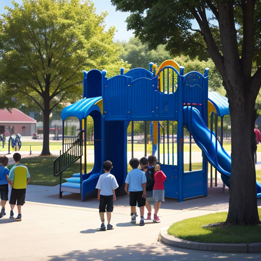 a group of children standing around a blue and yellow playground structure with a slide and climbing frame in the background
