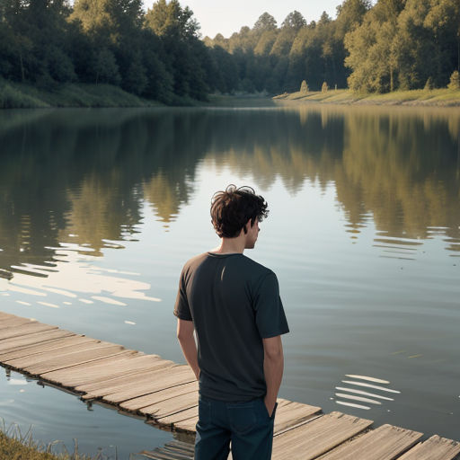 a man standing on a dock looking at a lake with a dock in the background and trees in the background
