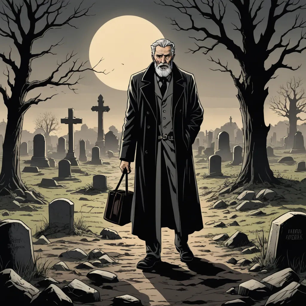a man in a long coat and a bag standing in a graveyard with a full moon in the background, gothic art, a character portrait, Edgar Ainsworth, comic cover art