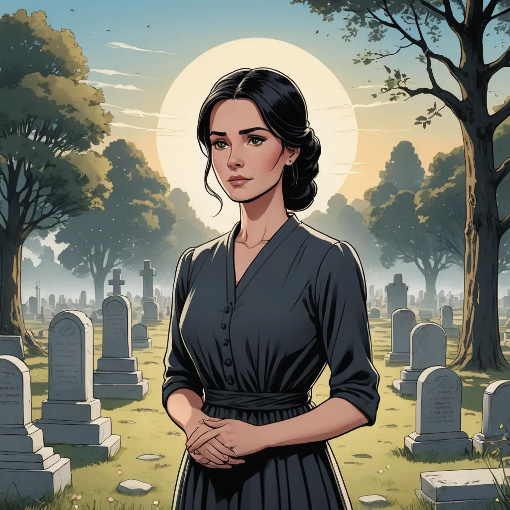 a woman standing in a cemetery with her hands on her hips and a full moon in the background,, serial art, a character portrait, Edgar Ainsworth, comic cover art