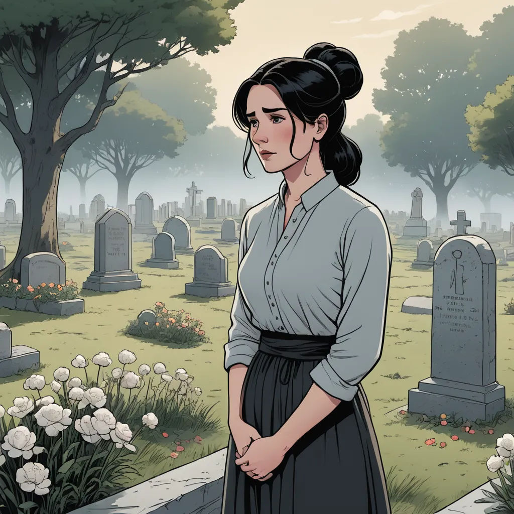 a woman standing in a cemetery with a tree in the background and flowers in the foreground, and a cemetery in the background, private press, a comic book panel, Asaf Hanuka, kinkade