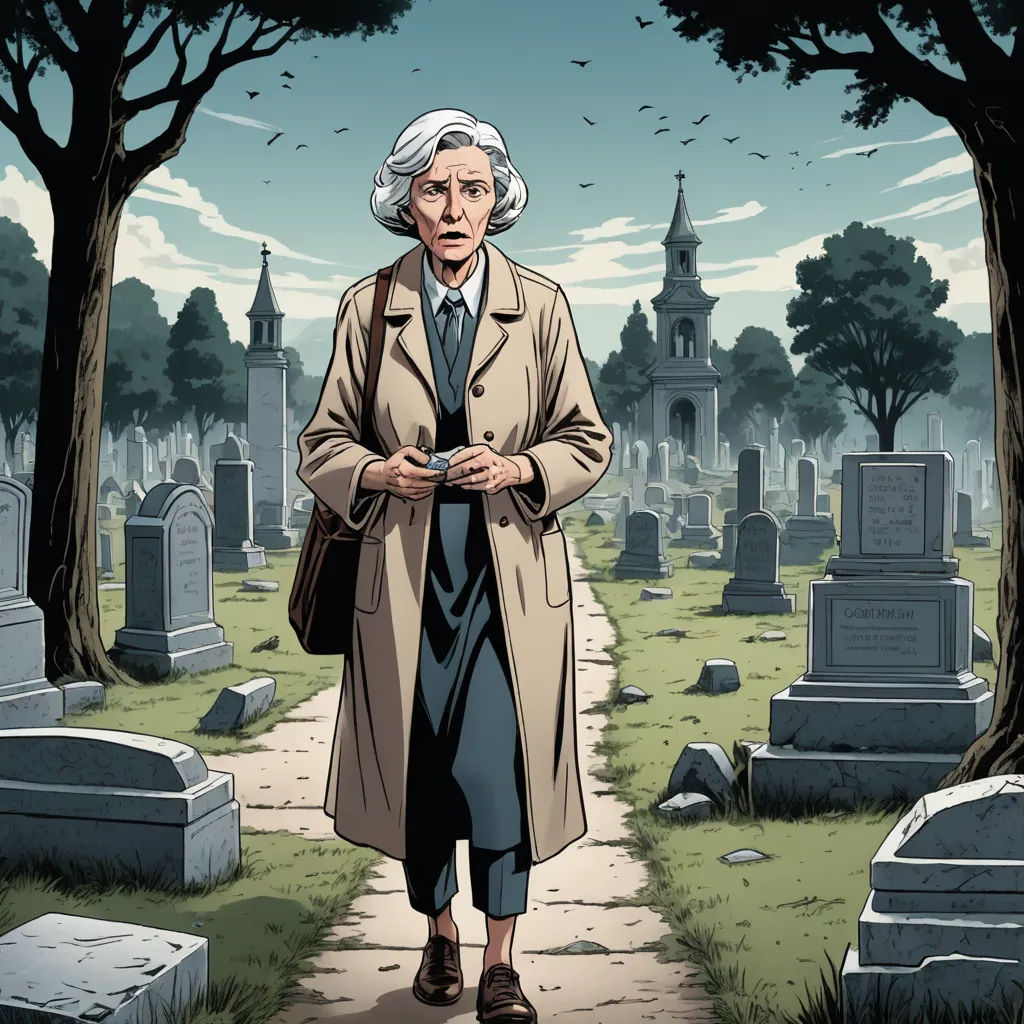 a woman in a trench coat walking down a cemetery path with a cemetery in the background and a cemetery in the foreground, private press, a character portrait, Constance Copeman, promotional image
