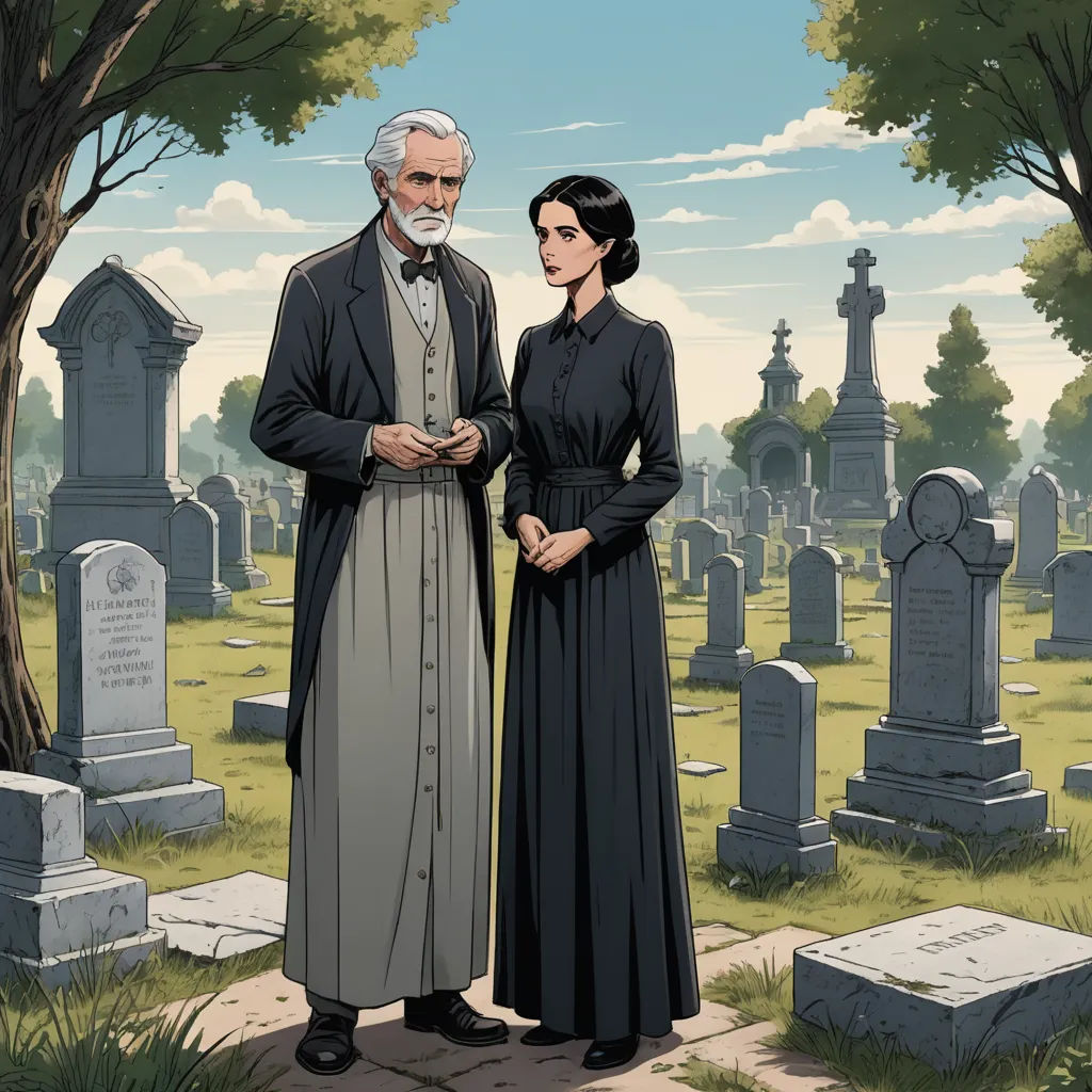 a man and woman standing in a cemetery with headscarves on their heads and a cane in their hands, private press, a comic book panel, Edgar Ainsworth, graphic novel