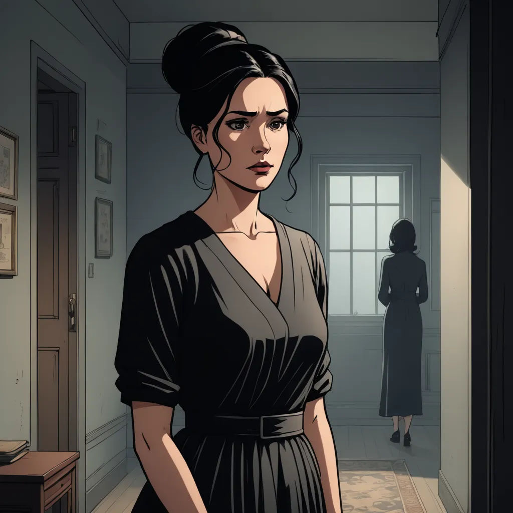 a woman in a black dress standing in a hallway with a dark background and a woman in a black dress standing in the hallway, serial art, a comic book panel, Ada Gladys Killins, official art