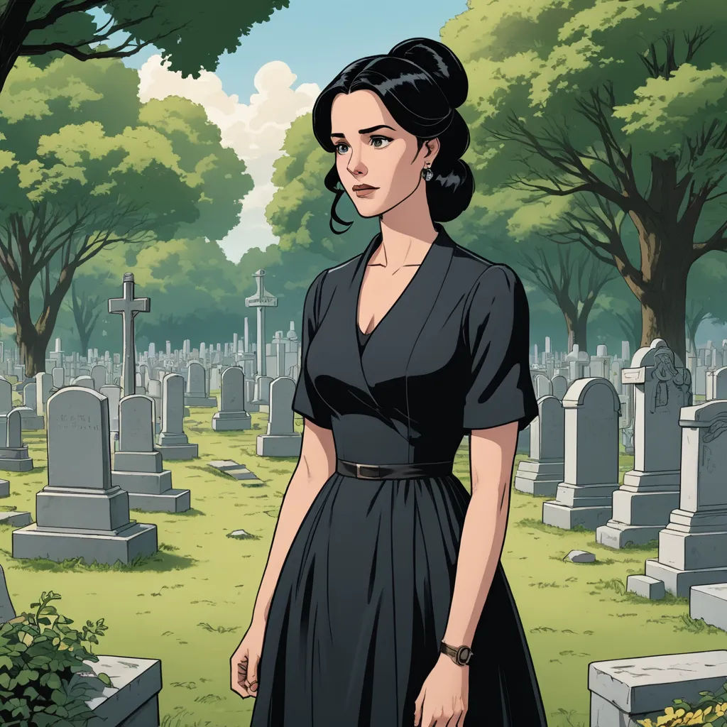 a woman in a black dress standing in a cemetery with a cross in the background and trees in the foreground, gothic art, a comic book panel, Ada Gladys Killins, promotional image
