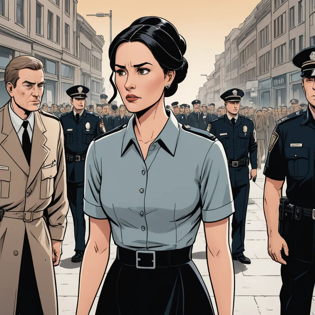 a woman in a dress is standing in front of a group of police officers in a city street, with a man in a suit and tie, private press, a comic book panel, Edwin Georgi, graphic novel