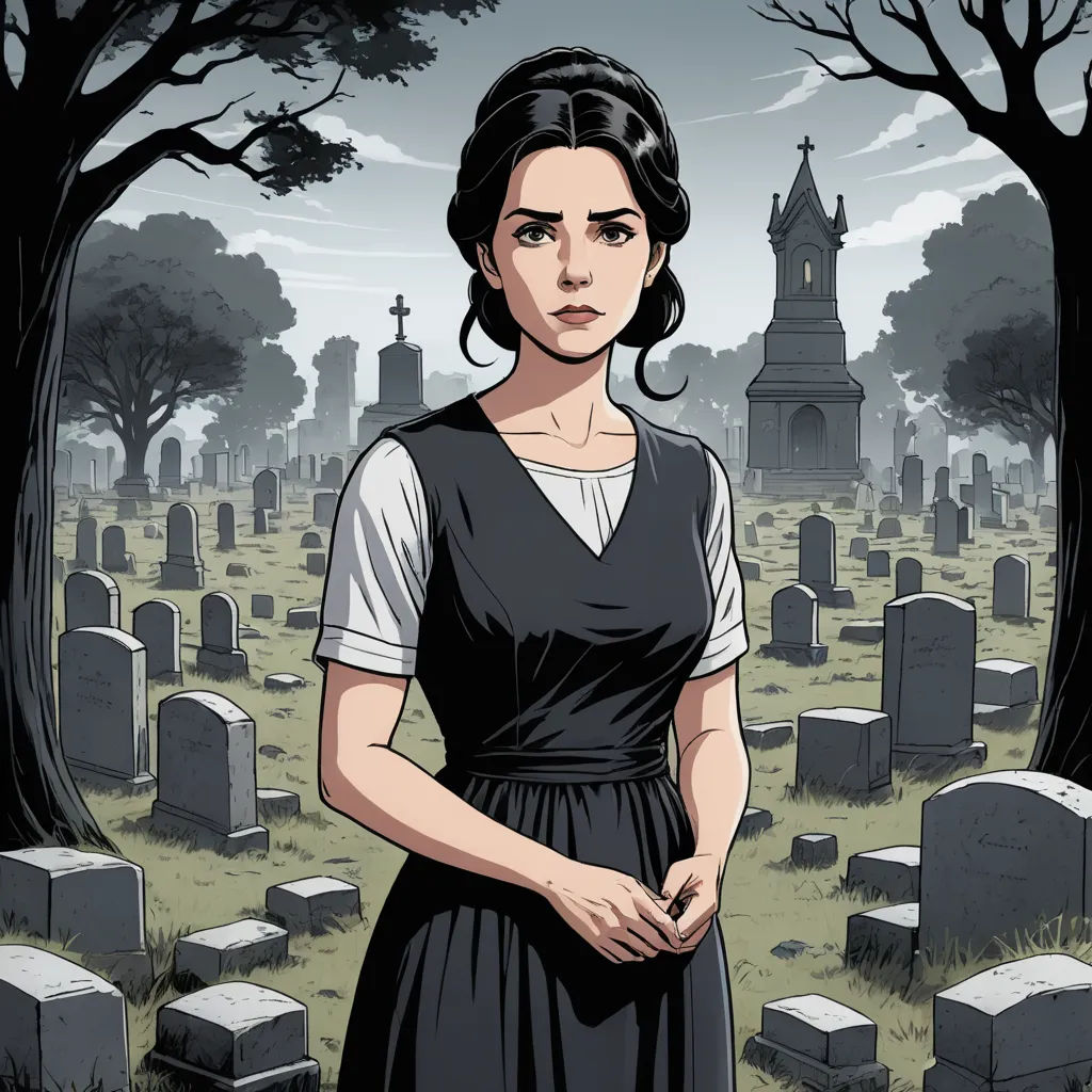 a woman standing in front of a cemetery with a clock tower in the background and trees in the foreground, gothic art, a character portrait, Ada Gladys Killins, promotional image
