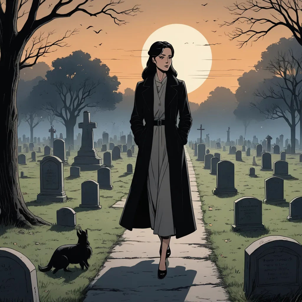 a woman in a coat is walking down a cemetery path with a black cat nearby on a cemetery at sunset, gothic art, a comic book panel, Art Spiegelman, comic cover art