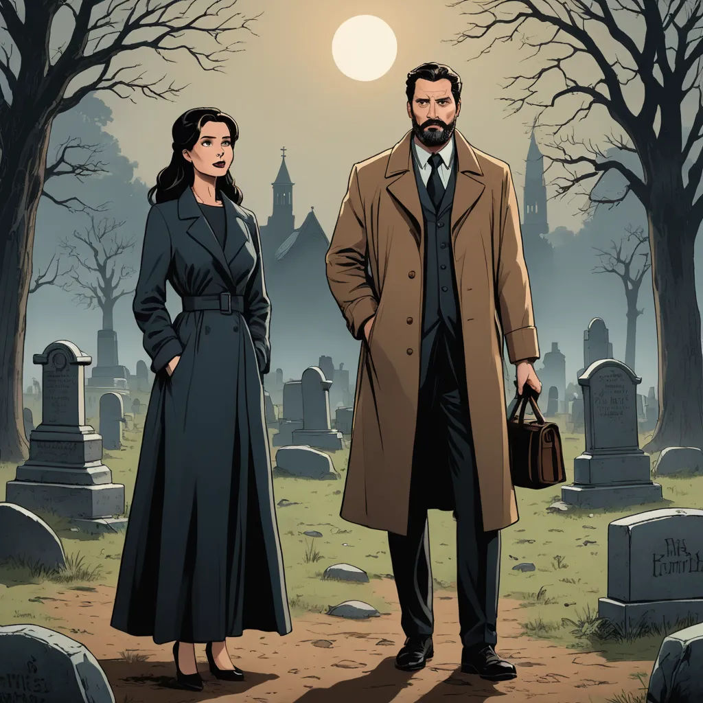 a man and a woman standing in a graveyard with a cemetery in the background and a full moon in the sky, international gothic, a comic book panel, Ada Gladys Killins, graphic novel