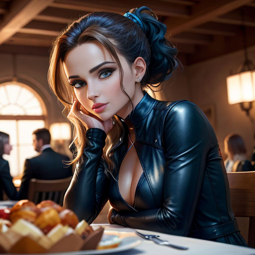 a woman in a leather outfit sitting at a table with a plate of food in front of her and a man in the background