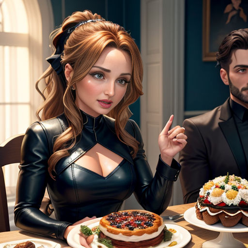 a woman in a black dress standing next to a man in a suit and tie at a table with a cake