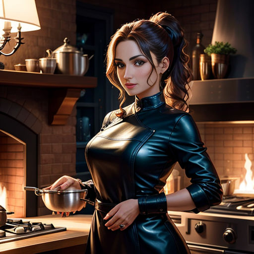 a woman in a leather dress is cooking in a kitchen with a stove and a stove top oven and a lamp