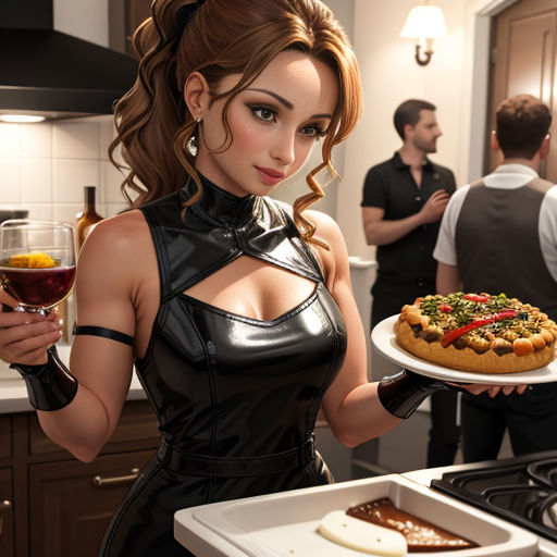 a woman in a black dress holding a plate of food and a drink in her hand while a man in a black suit looks on