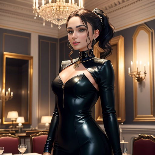 a woman in a black leather outfit standing in a room with a chandelier and a table with a wine glass