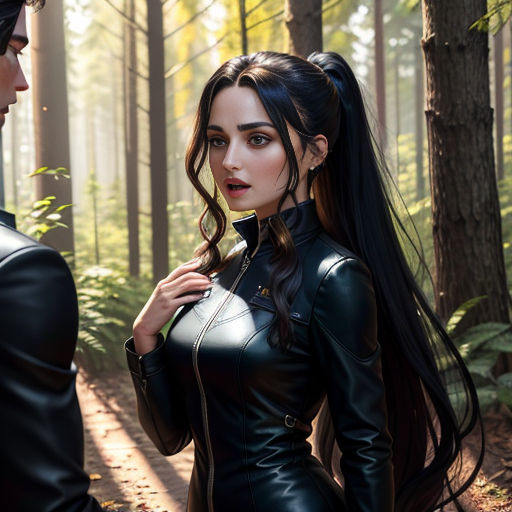 a woman in a black leather outfit standing next to a man in a forest with long hair and a sword