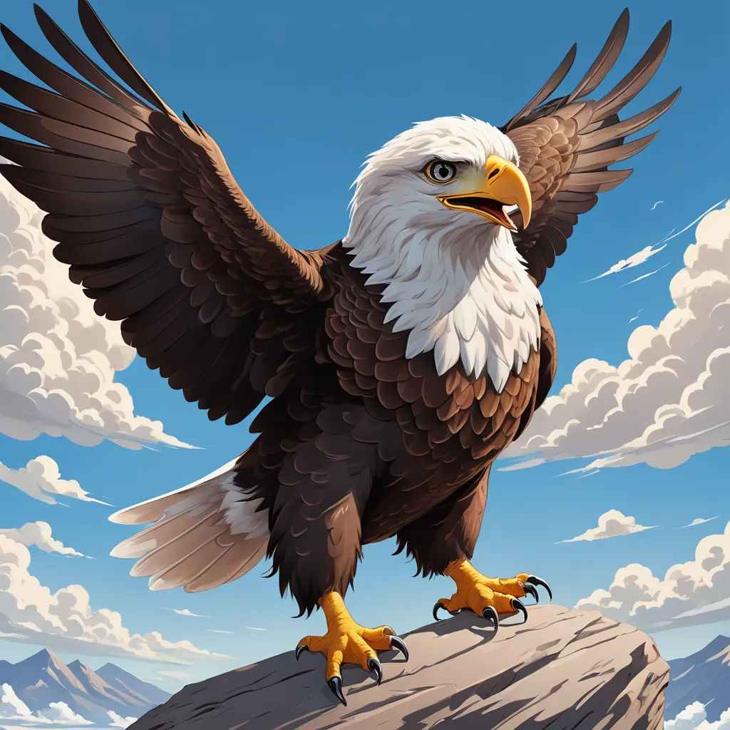 a bald eagle standing on a rock with its wings spread out and outstretched in front of a blue sky with clouds, american scene painting, an airbrush painting, Chris LaBrooy, highly detailed digital painting