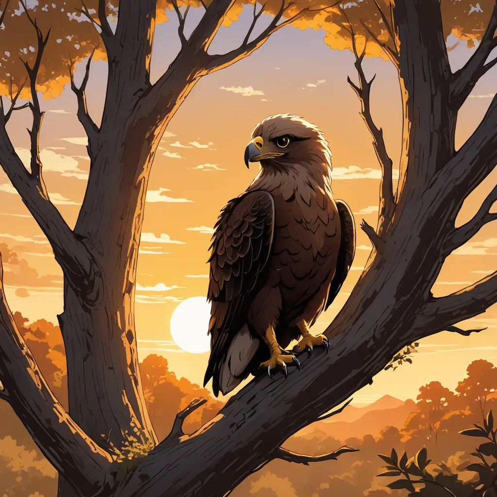 a bird perched on a tree branch in a sunset scene with a sun in the background and a tree with leaves, fantasy art, a storybook illustration, Dan Mumford, laurie greasley