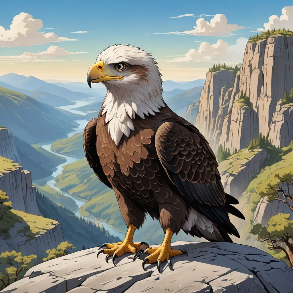 a bald eagle sitting on a rock in a mountainous area with a river and mountains in the background, with a sky background, american scene painting, a detailed matte painting, Chris LaBrooy, highly detailed digital painting