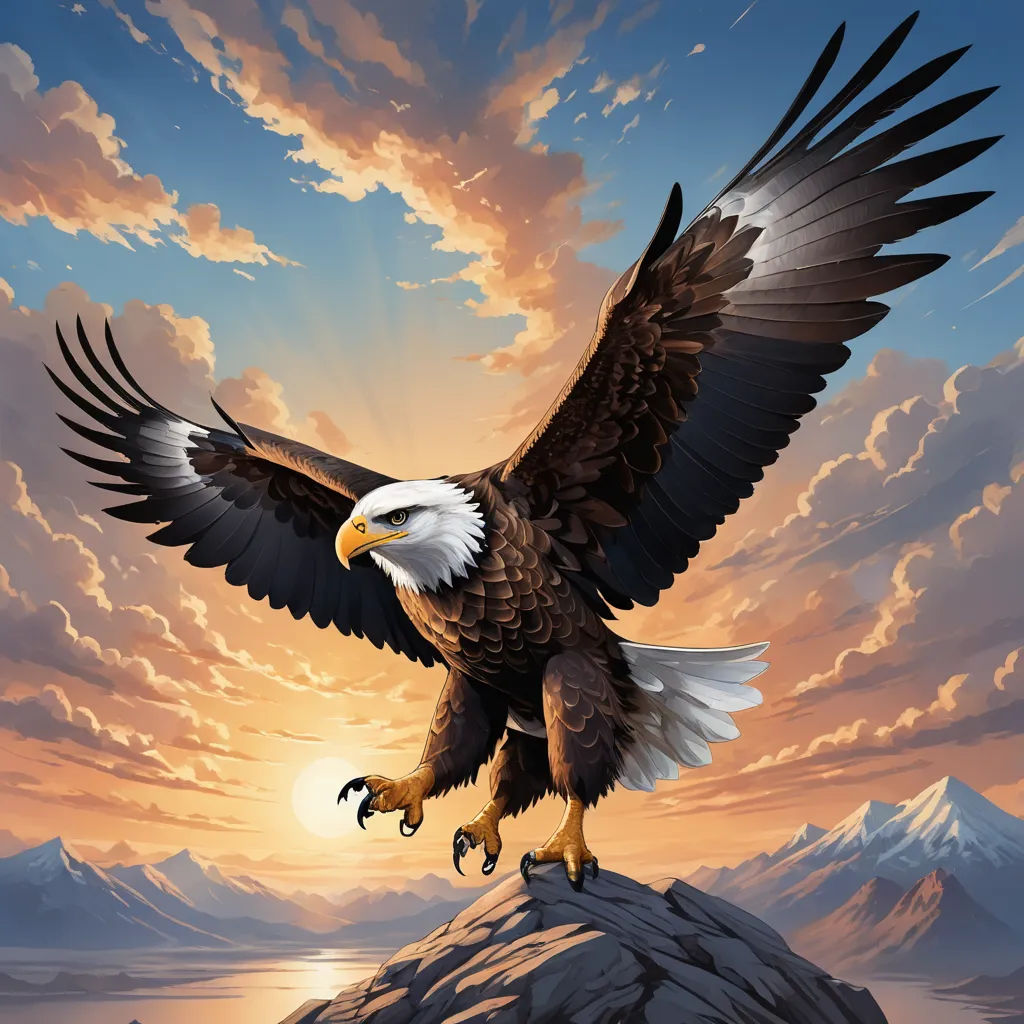 a bald eagle flying over a mountain with a sunset in the background and clouds in the sky above it, american scene painting, an airbrush painting, Anne Stokes, majestic