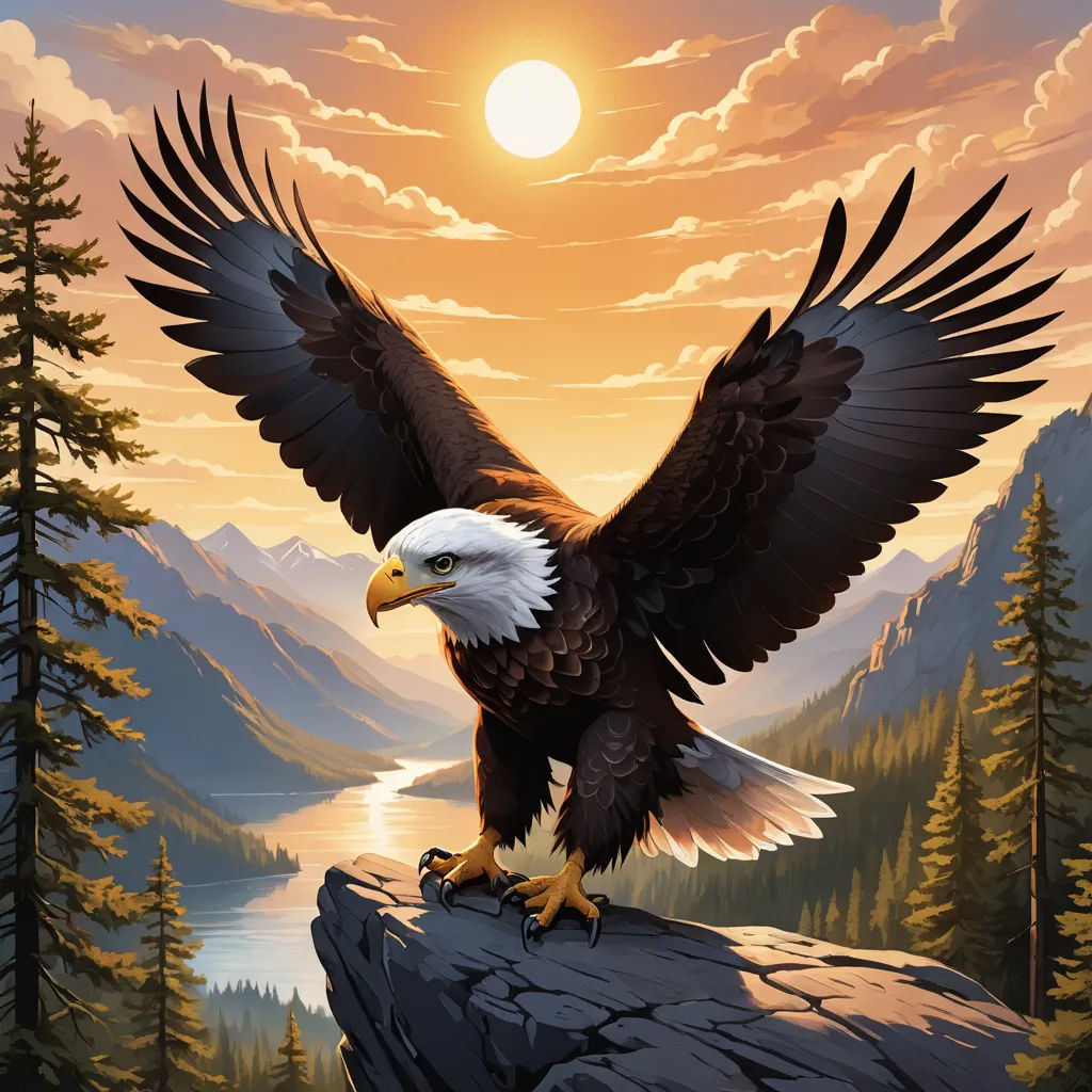 a painting of an eagle on a cliff with a sunset in the background and a lake in the foreground, american scene painting, an airbrush painting, Anne Stokes, highly detailed digital painting