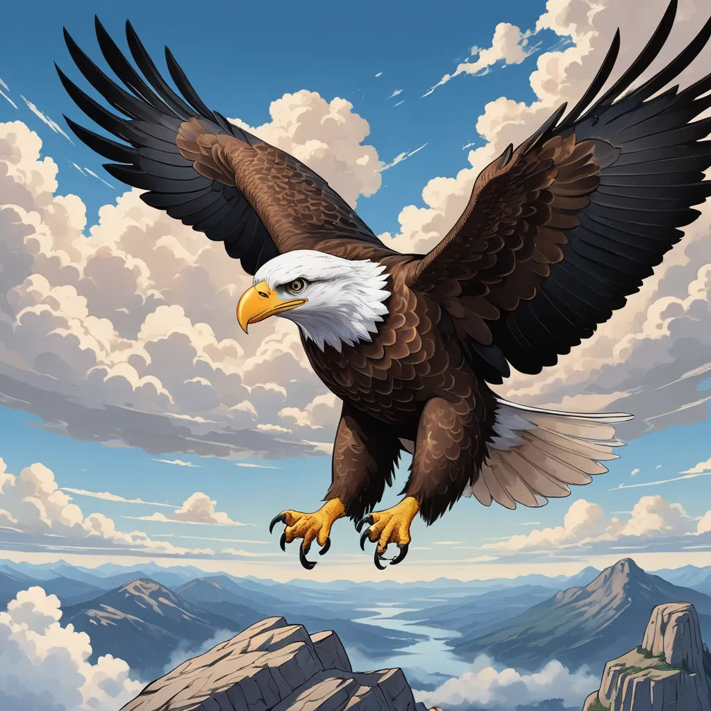 a bald eagle flying over a mountain range with clouds in the background and a blue sky with white clouds, american scene painting, a detailed matte painting, Chris LaBrooy, highly detailed digital painting