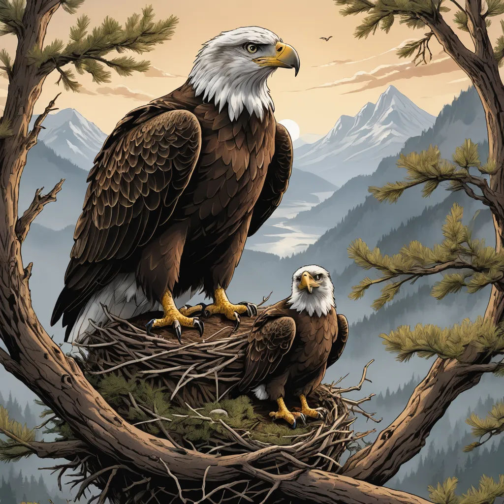 a painting of two bald eagles sitting on a nest in a tree with mountains in the background and a full moon in the sky, american scene painting, a detailed painting, Dan Mumford, highly detailed digital painting