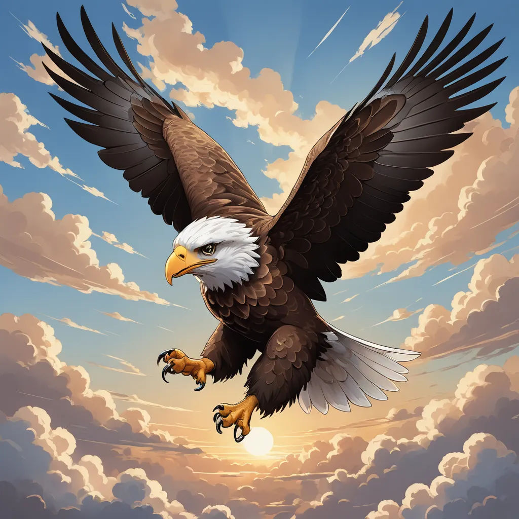 a bald eagle flying through a cloudy sky with the sun in the background and clouds in the foreground, american scene painting, an airbrush painting, Anne Stokes, highly detailed digital painting