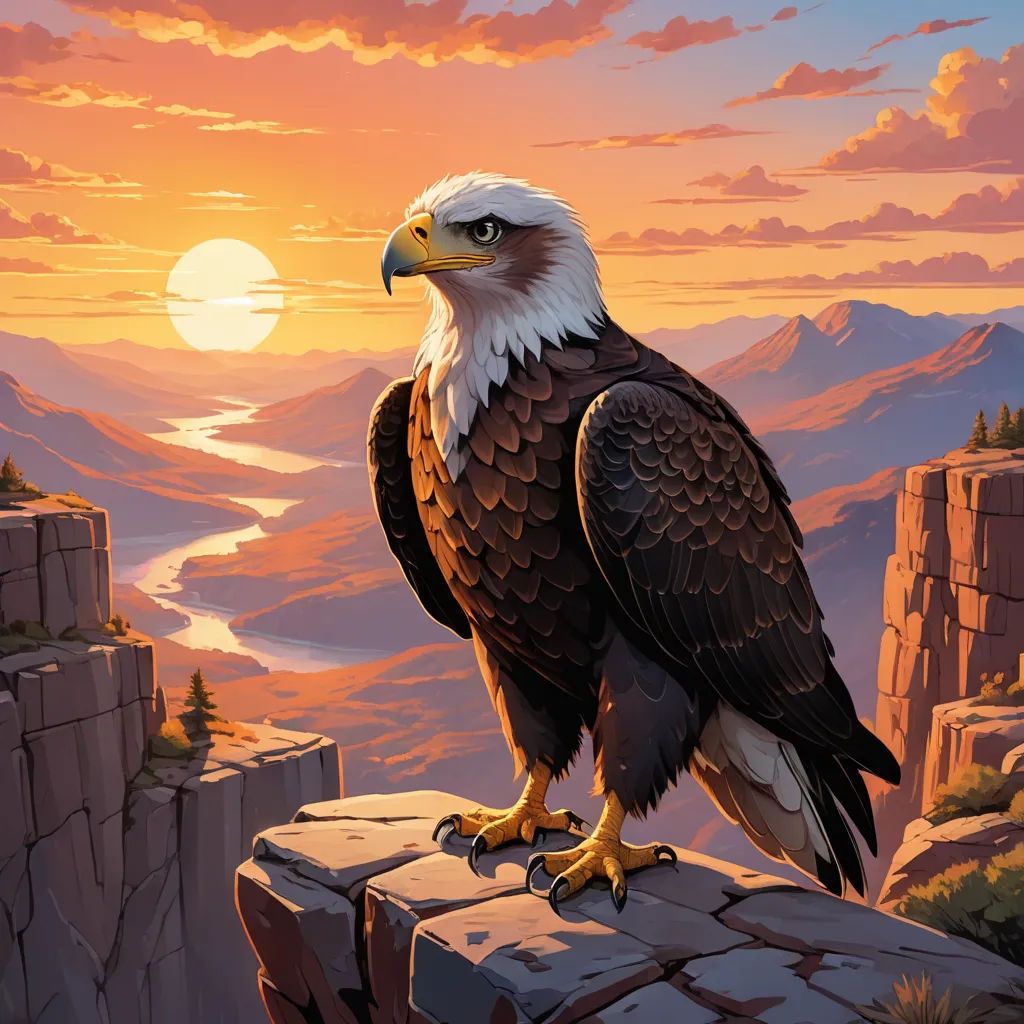 a bald eagle sitting on a rock ledge at sunset with a mountain view in the background and a lake below, american scene painting, an airbrush painting, Dan Mumford, official art