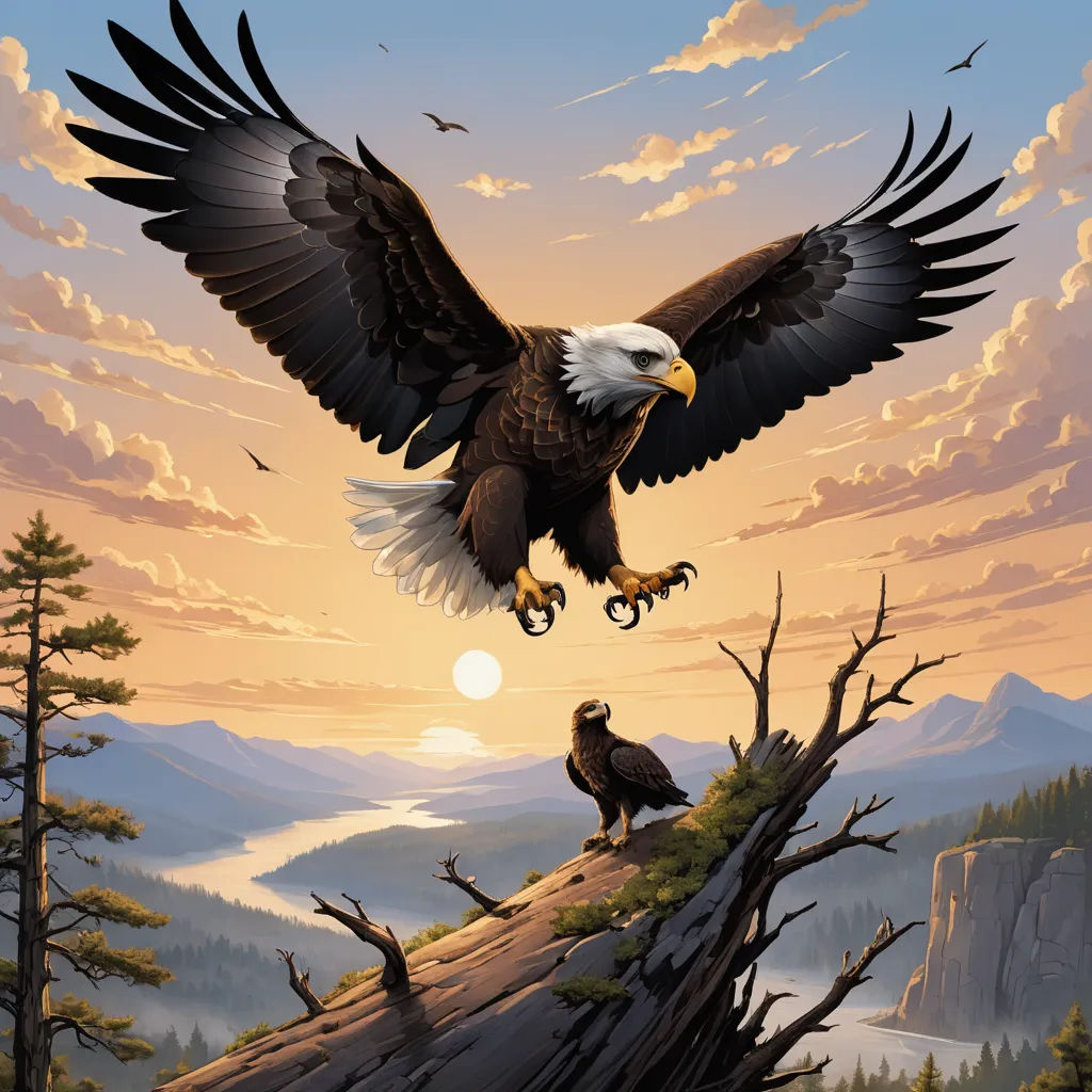 a painting of an eagle and a bird on a cliff with a sunset in the background and a mountain range in the foreground, american scene painting, an airbrush painting, Dan Mumford, highly detailed digital painting