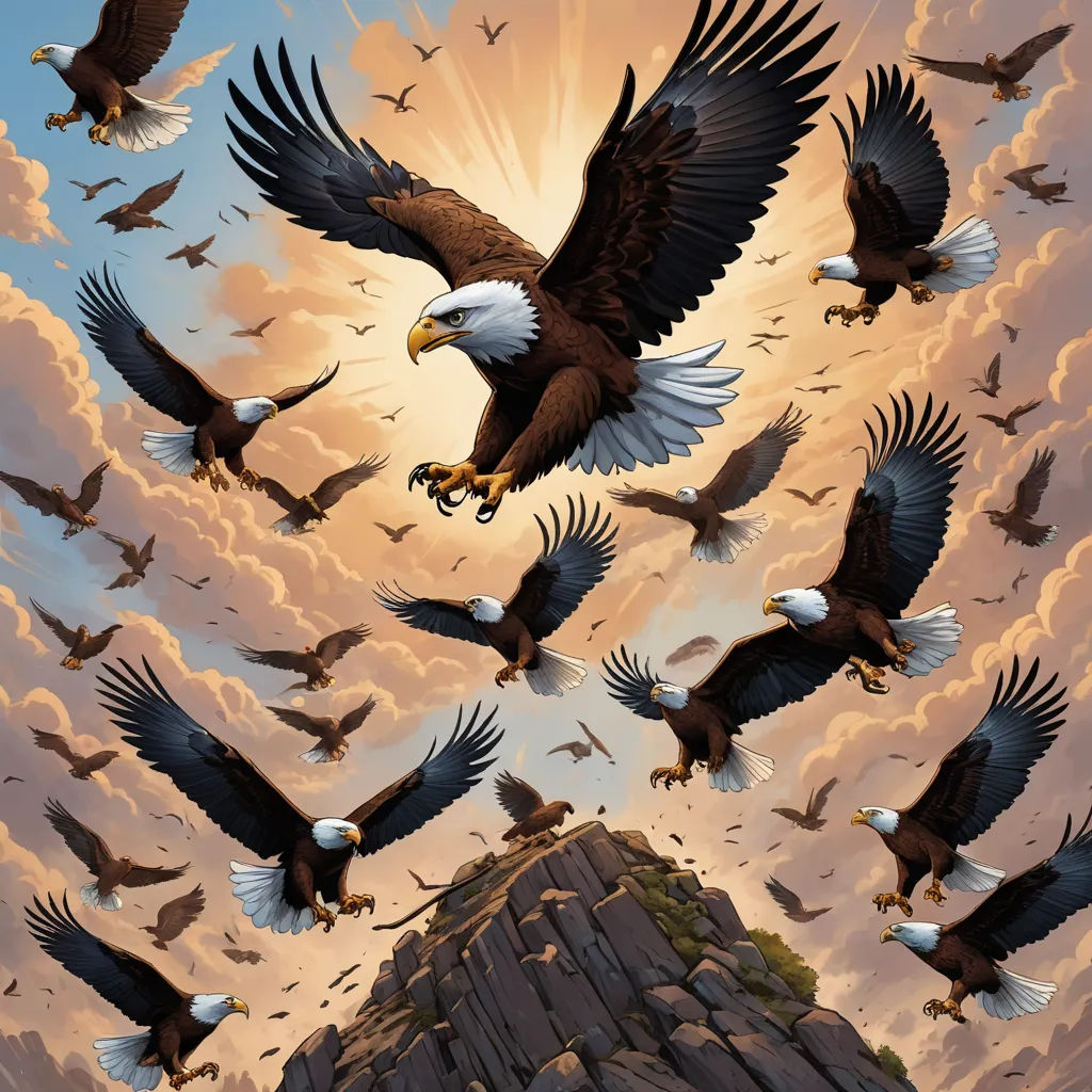 a painting of a bald eagle flying over a mountain range with many bald birds flying around it and a pyramid in the background, american scene painting, poster art, Dan Mumford, birds
