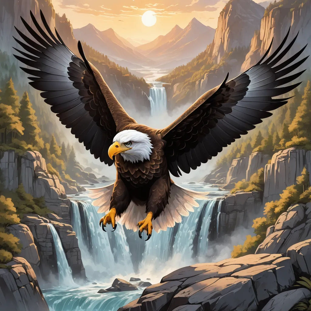 a bald eagle flying over a waterfall with a waterfall in the background and a sunset in the background with mountains and trees, fantasy art, an airbrush painting, Anne Stokes, highly detailed digital painting