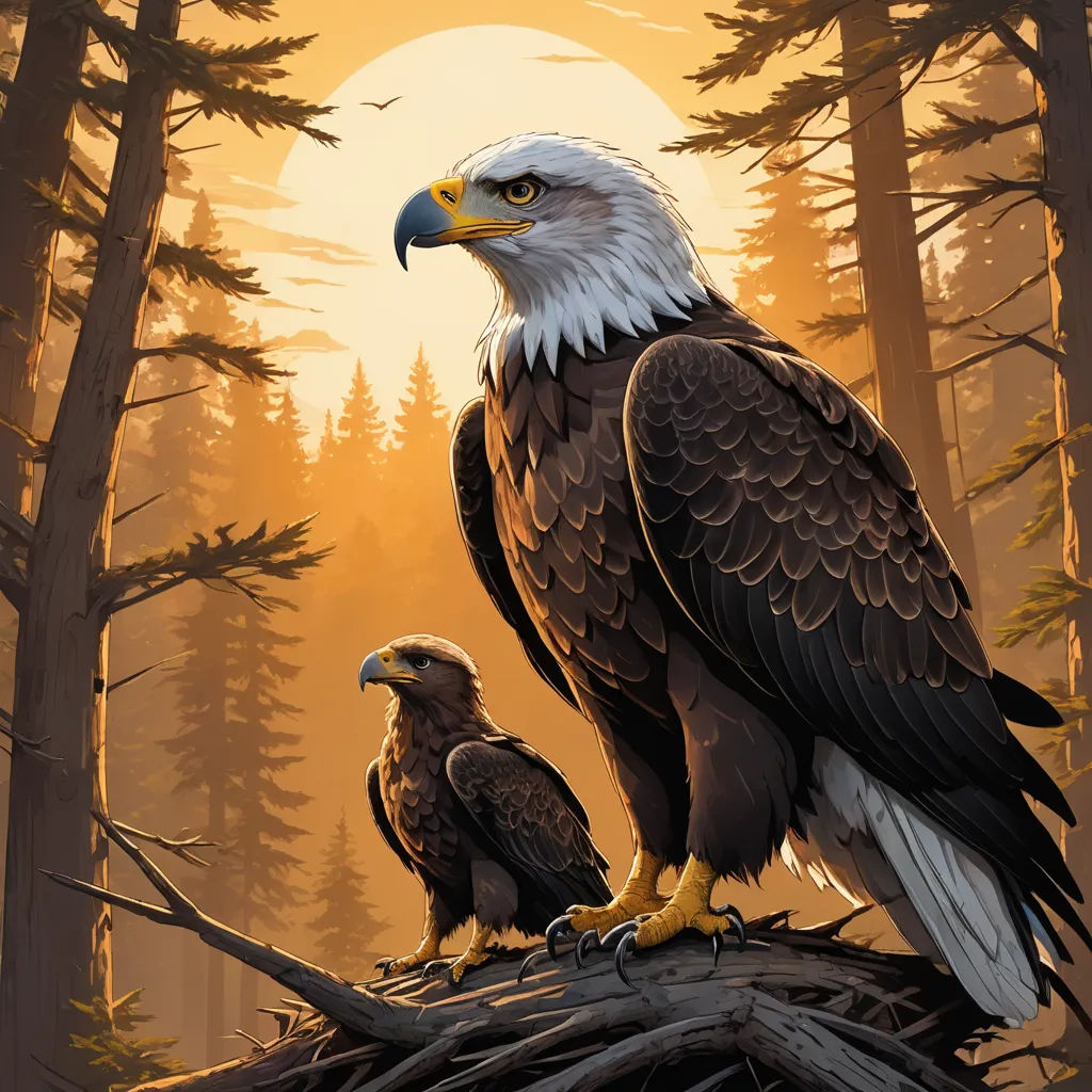 two bald eagles sitting on a nest in a forest at sunset with the sun behind them and trees in the background, american scene painting, a digital painting, Dan Mumford, highly detailed digital painting