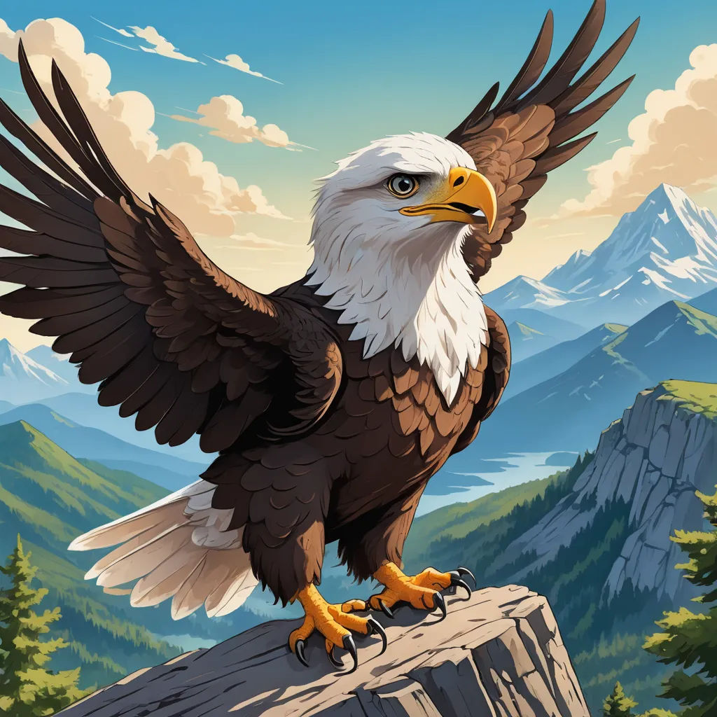 a bald eagle standing on a rock with mountains in the background and clouds in the sky above it, with a mountain range in the background, american scene painting, an airbrush painting, Chris LaBrooy, highly detailed digital painting