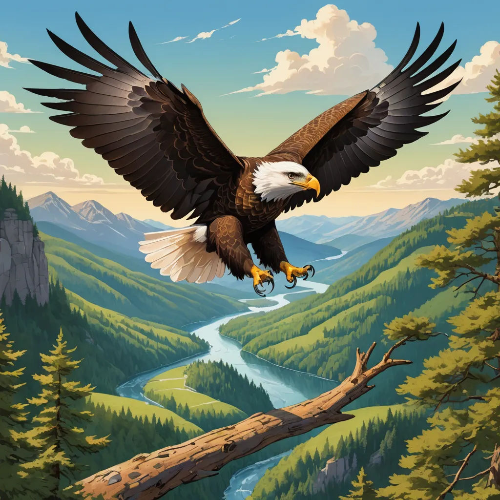 a painting of an eagle flying over a mountain valley with a river below it and a mountain range in the background, american scene painting, a detailed matte painting, Dan Mumford, highly detailed digital painting