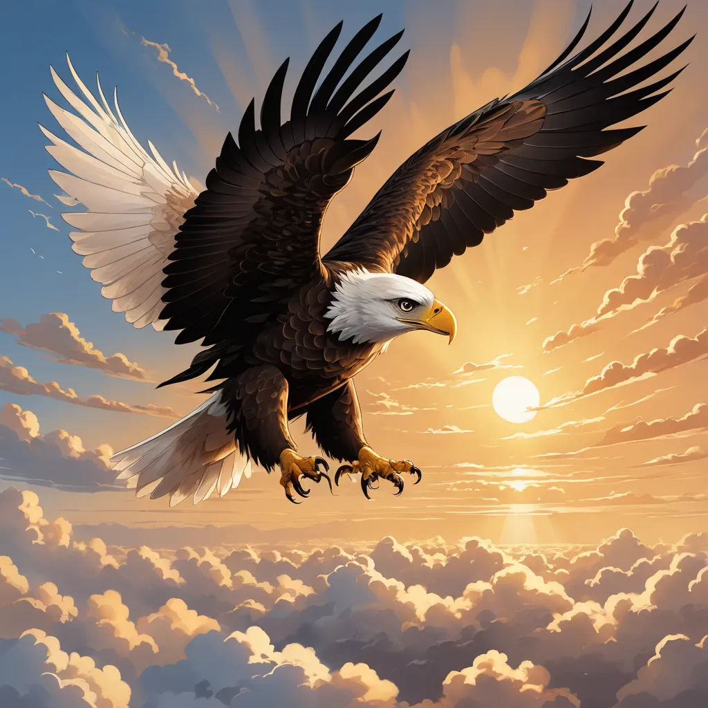 a bald eagle flying through the sky with the sun in the background and clouds below it, with the sun shining through the clouds, american scene painting, an airbrush painting, Anne Stokes, majestic