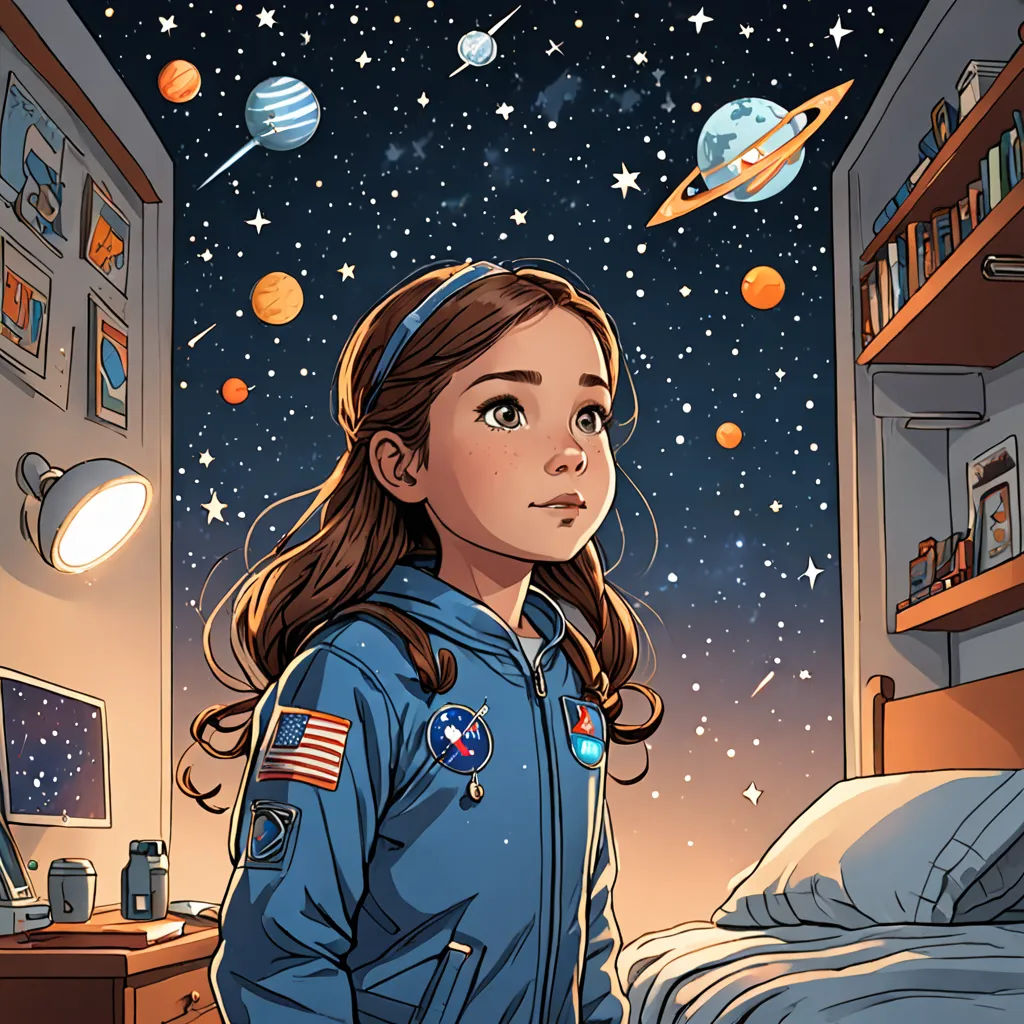 a girl in a space suit standing in a bedroom with a space theme on the wall and a space themed bed, space art, a comic book panel, Atey Ghailan, rossdraws global illumination