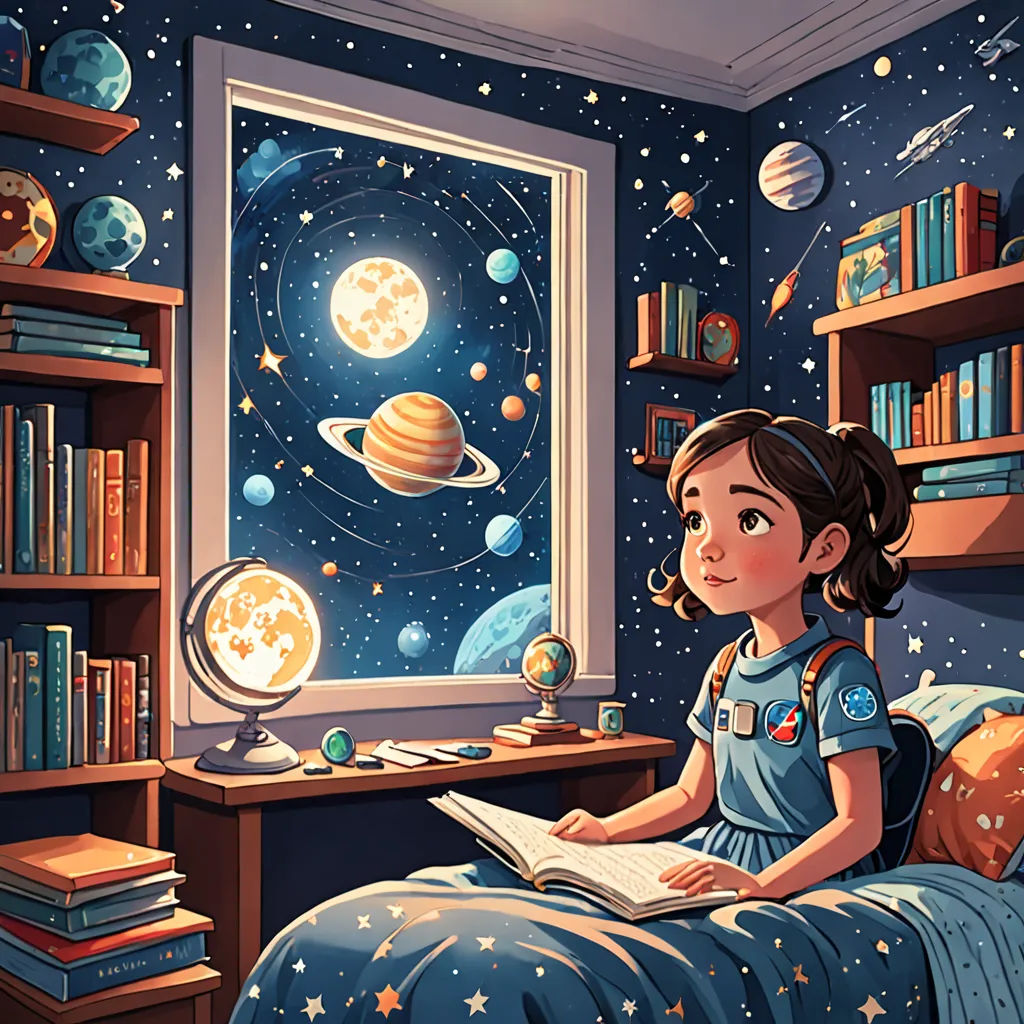 a girl reading a book in her bed in front of a window with planets and stars on the wall, space art, a storybook illustration, Chris LaBrooy, space