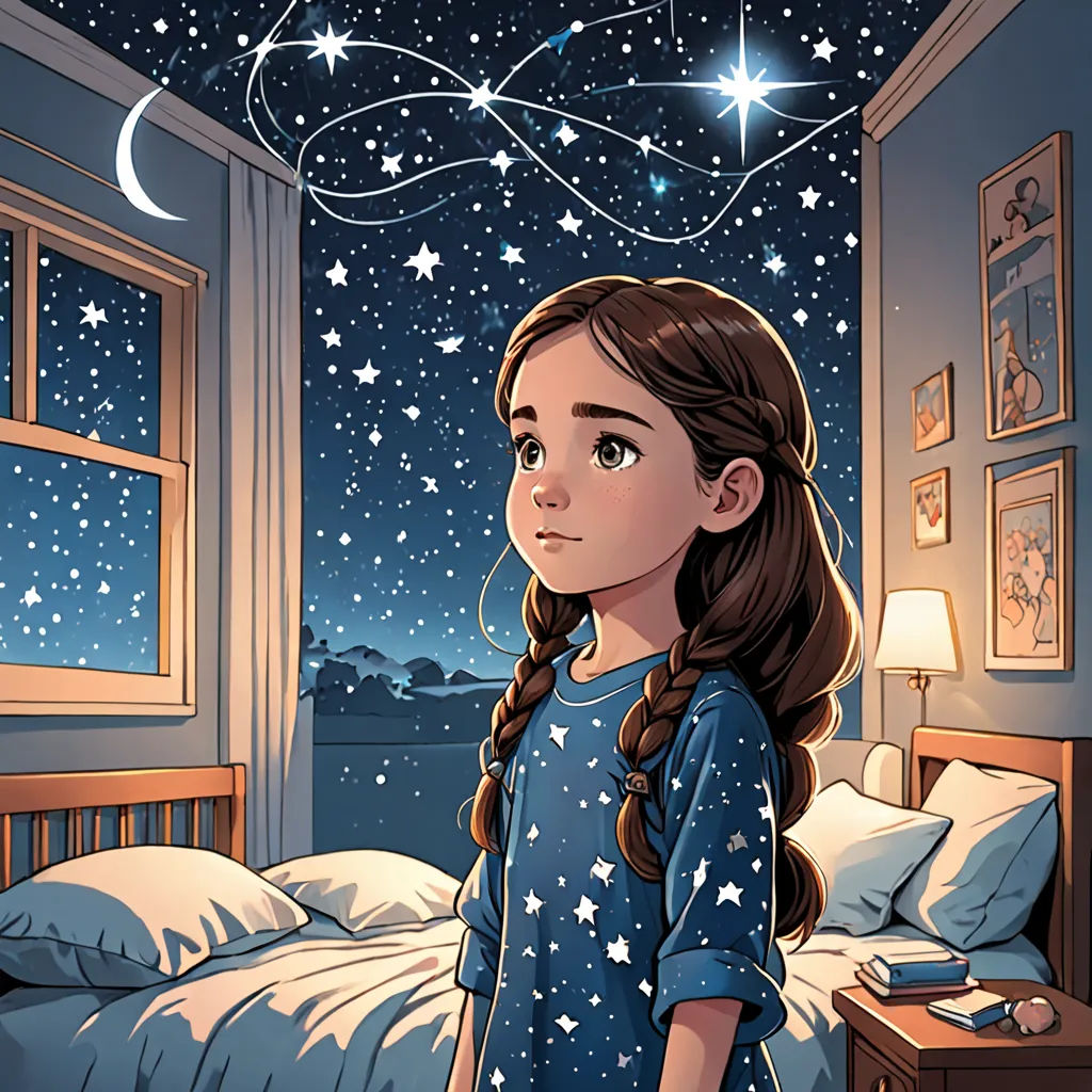 a girl standing in a bedroom looking out the window at the stars above her head and a night sky with stars above her, space art, a storybook illustration, Cliff Childs, comic cover art