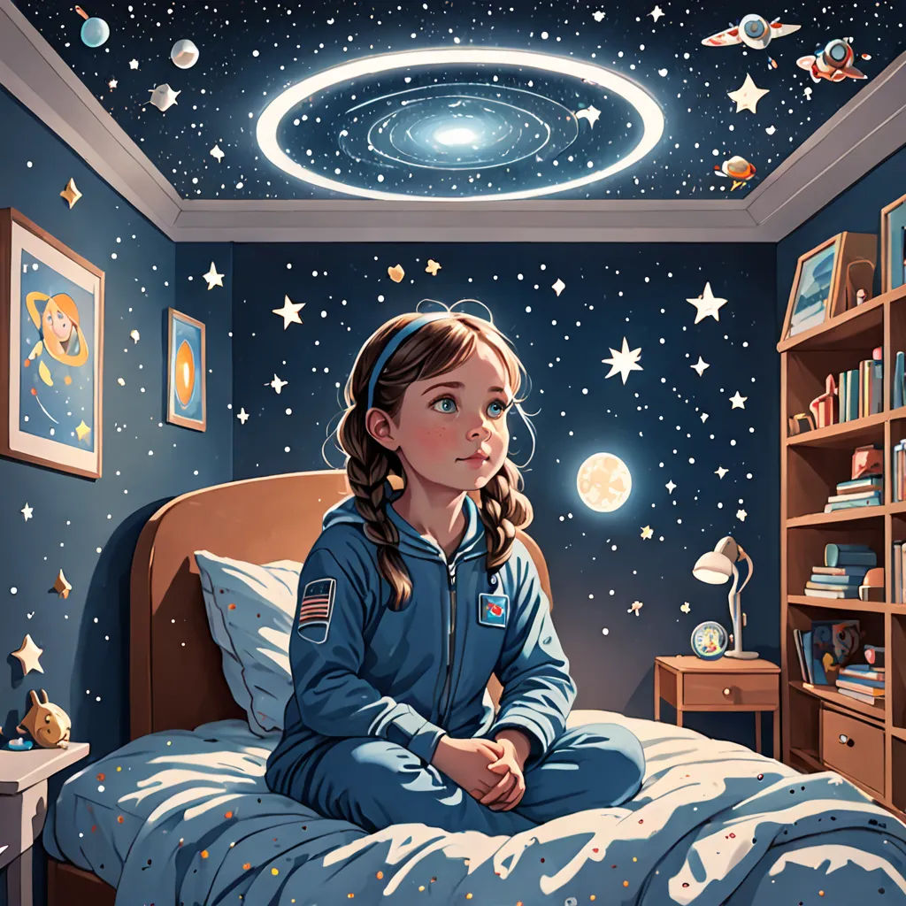 a girl in a space themed bedroom looks out at the stars and planets above her bed, with a bookcase and a bookcase on the side, space art, a storybook illustration, Aaron Jasinski, highly detailed digital painting