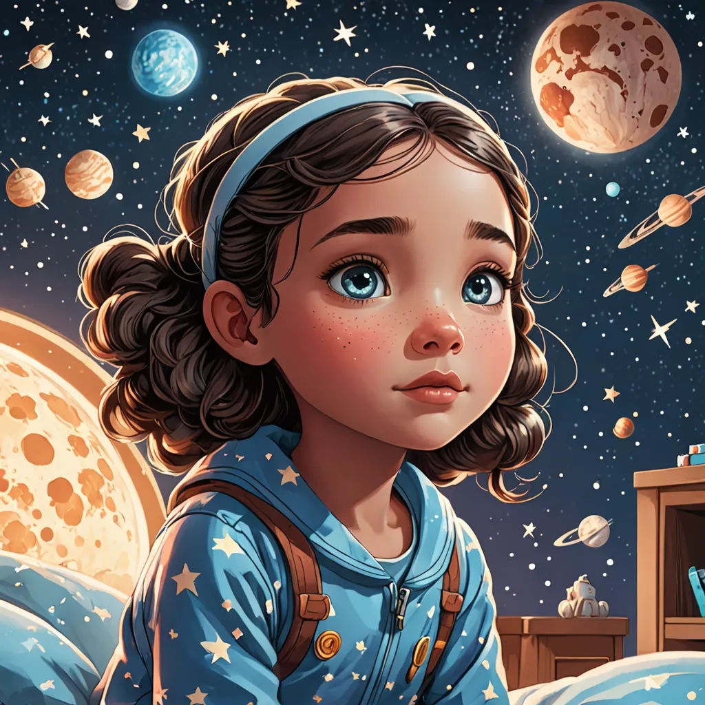 a little girl with a backpack looking at the stars and planets in the sky above her head is a bed with a book and a television, space art, a storybook illustration, Aaron Jasinski, trending on art station