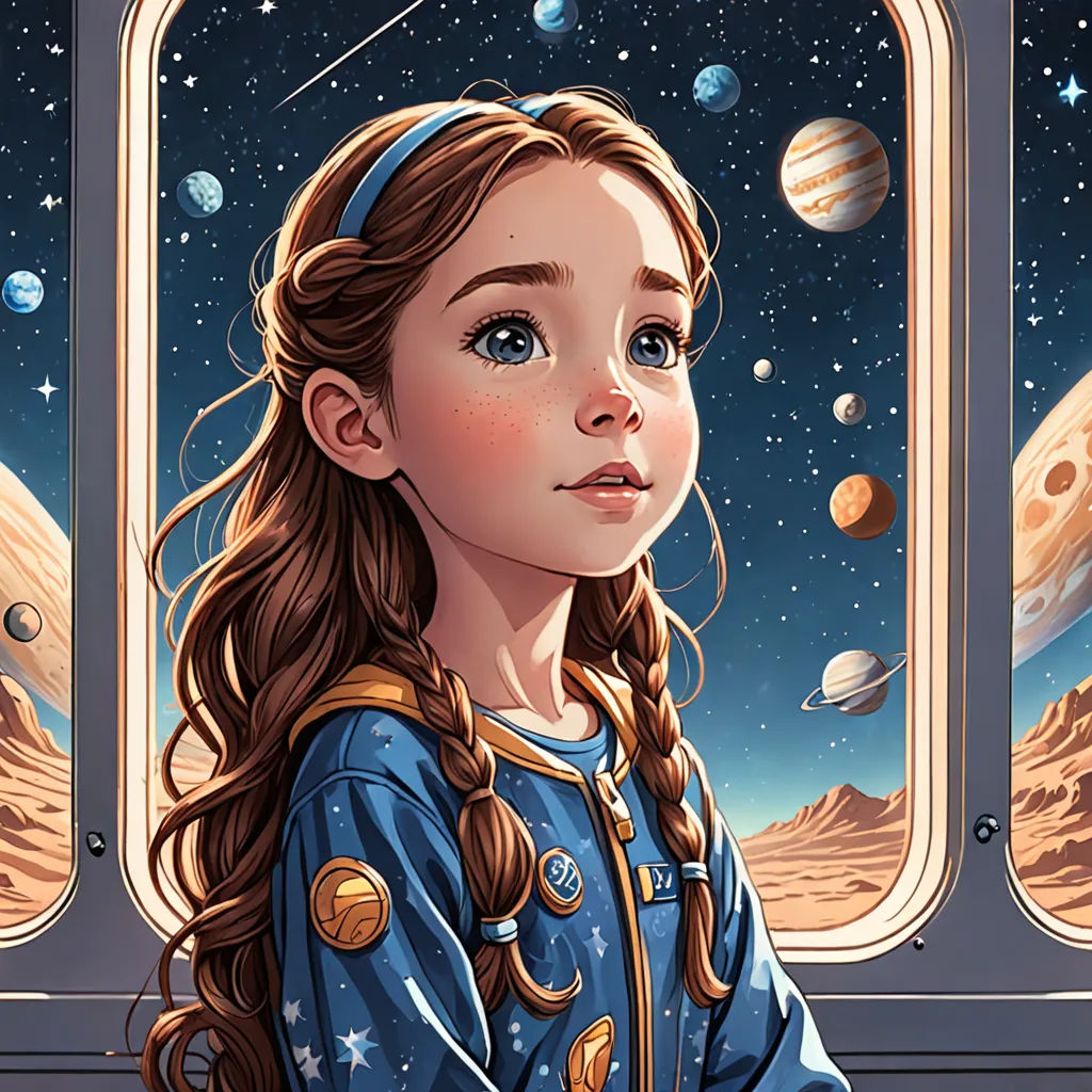 a girl with long hair and a blue shirt looks out of a window at the planets and stars in the sky, space art, a storybook illustration, Aaron Jasinski, trending on art station