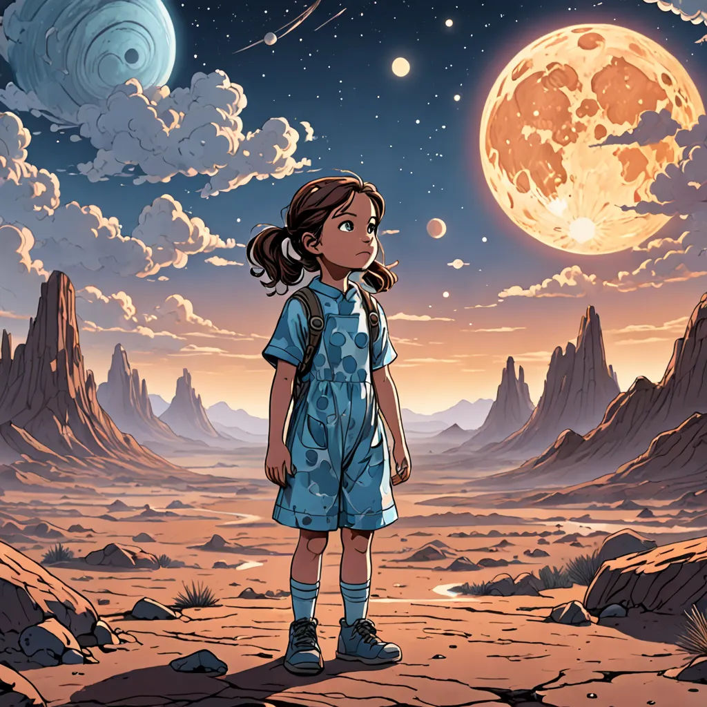 a girl standing in the desert with a full moon in the background and a distant planet in the sky, space art, a detailed matte painting, Aaron Jasinski, yukito kishiro