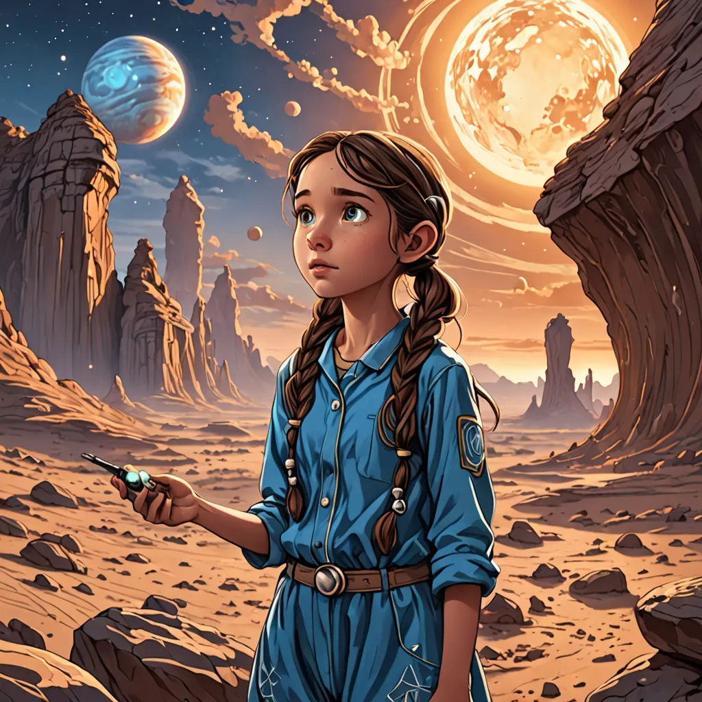 a girl in a blue shirt and a pair of scissors in a desert landscape with a moon and stars, space art, a storybook illustration, Dan Mumford, josan gonzales and dan mumford