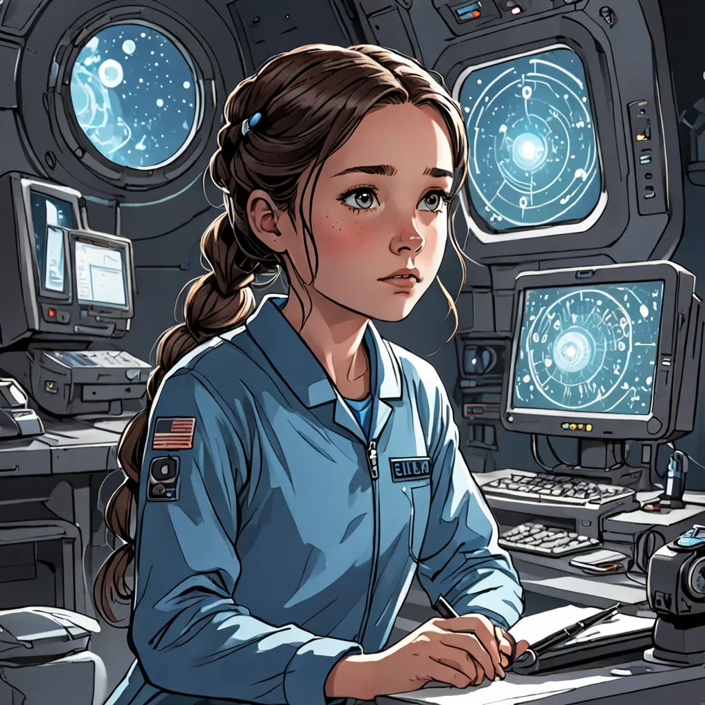a woman in a space station sitting at a desk with a computer and a monitor on it, looking at the camera, space art, a comic book panel, Elisabeth Collins, sci fi