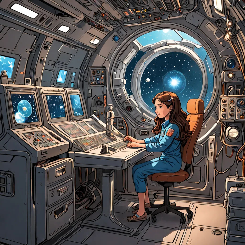a woman sitting at a desk in a space station with a computer and a monitor on it's side, space art, a comic book panel, Diego Gisbert Llorens, yukito kishiro