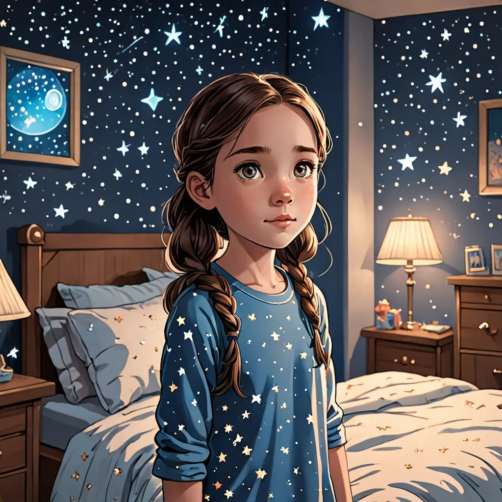 a girl standing in a bedroom with a star filled wallpaper and a bed with a night sky and stars on it, space art, a storybook illustration, Atey Ghailan, stars