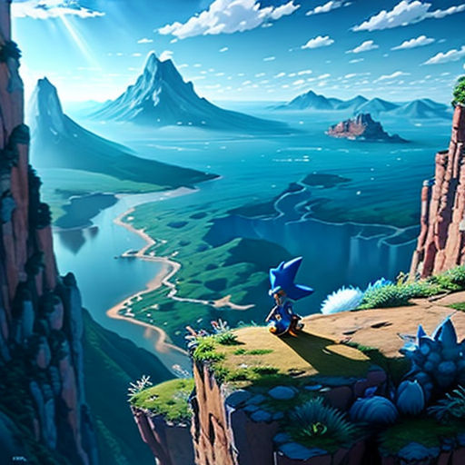 a cartoon scene of a person standing on a cliff overlooking a river and mountains with a sky background and a blue sky